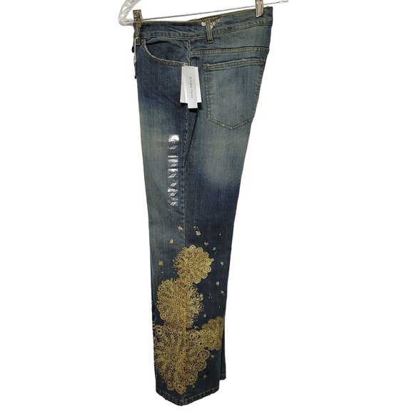 DKNY NWT Size 12 Jeans Denim Gold Glitter So Low Lita Chain Belt Boot Distressed - Picture 3 of 16